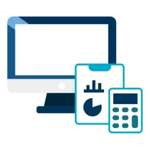 image of a computer screen with graphs and calculators