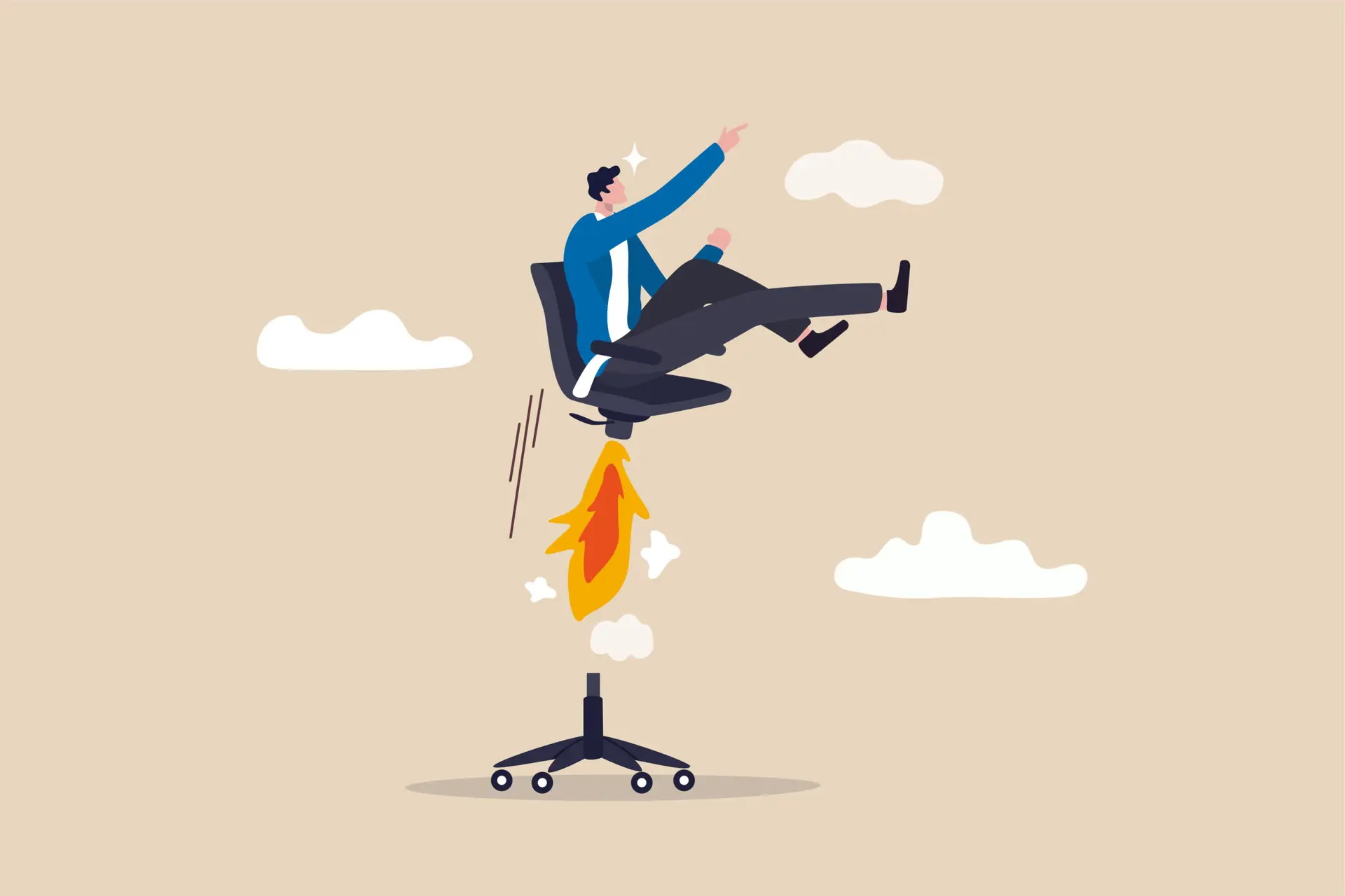 Boost your career development, job promoted to higher position or start new opportunity and motivation to succeed concept, businessman sitting on take off office chair with jetpack or rocket booster.