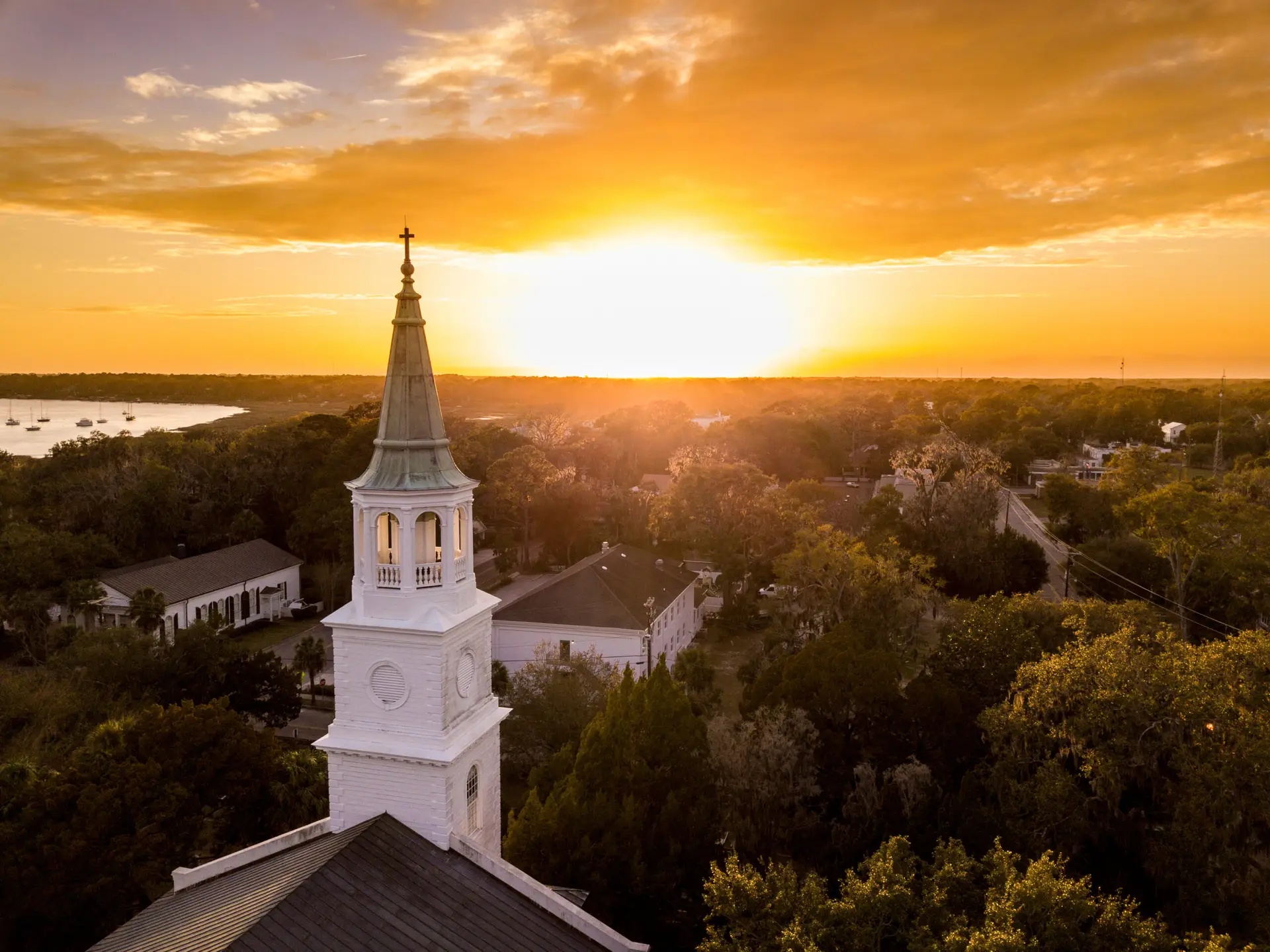 Aerial view of historic church steeple