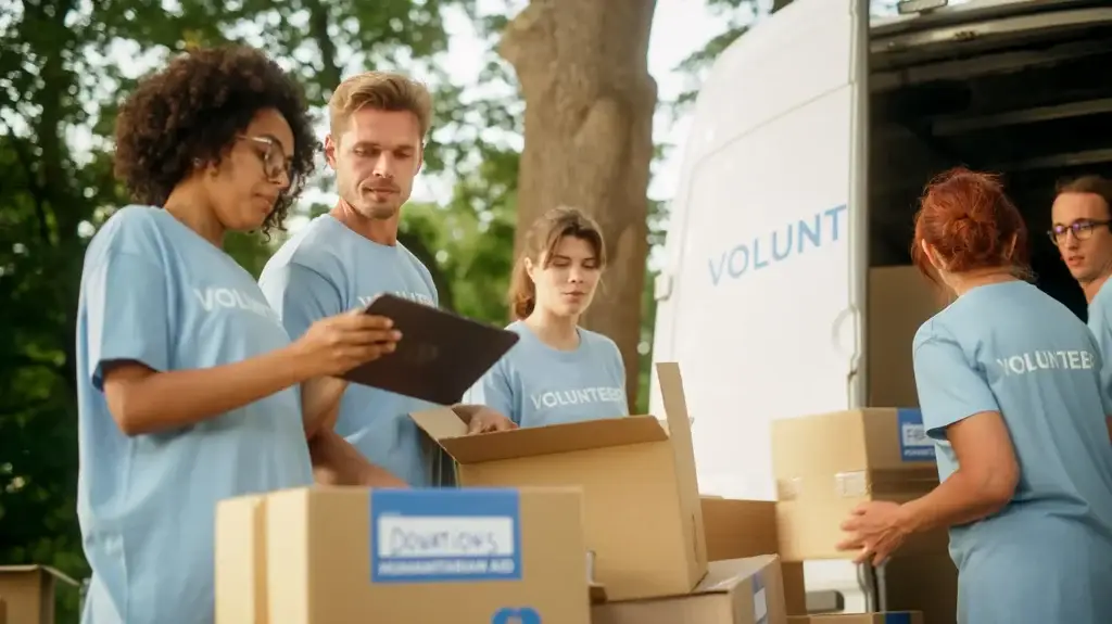 Image of 5 people wearing volunteer shirts and packing up boxes