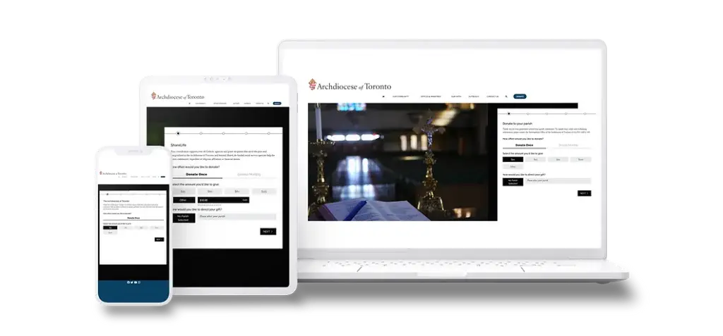 Image of computer, phone and tablet all with the Archdiocese of Toronto website