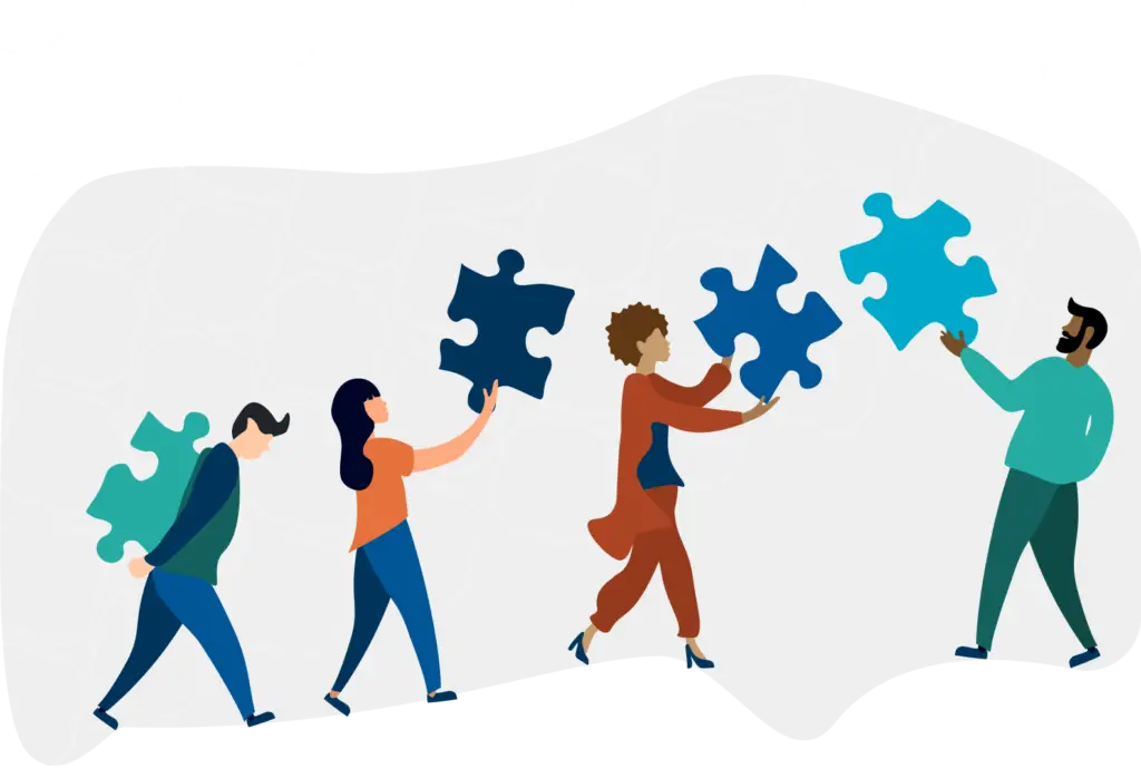 animated image of four people carrying puzzle pieces