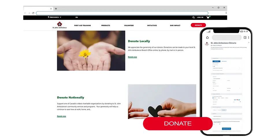 Image of a computer screen and iPhone showing a St. John Ambulance Ontario donation web page