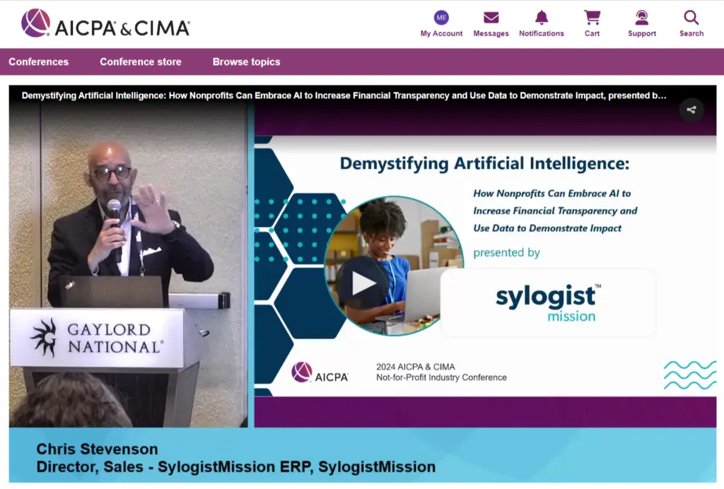 Screenshot of Chris Stevenson presenting for SylogistMission at the 2024 AICPA Nonprofit event