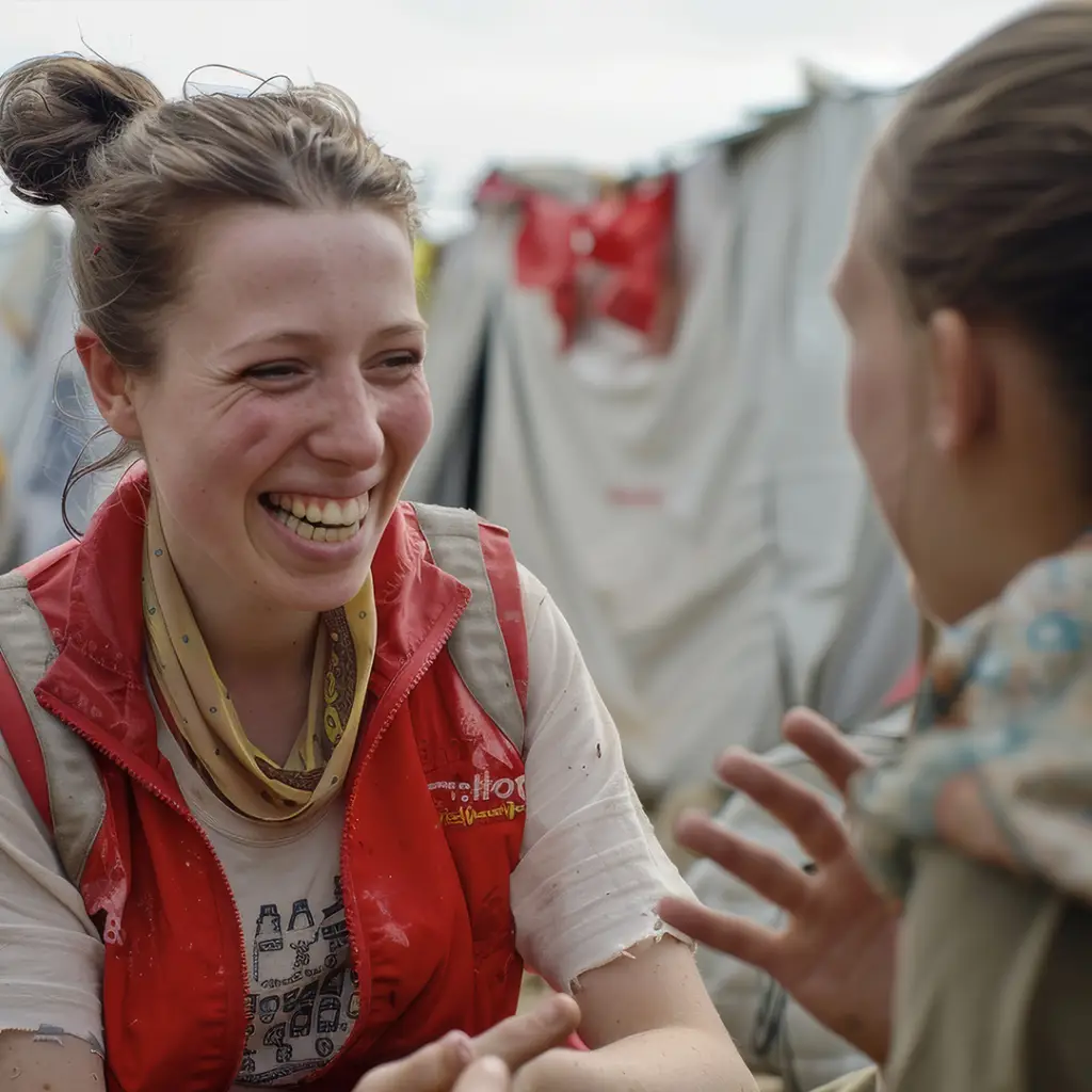 International relief worker smiling and speaking to colleague