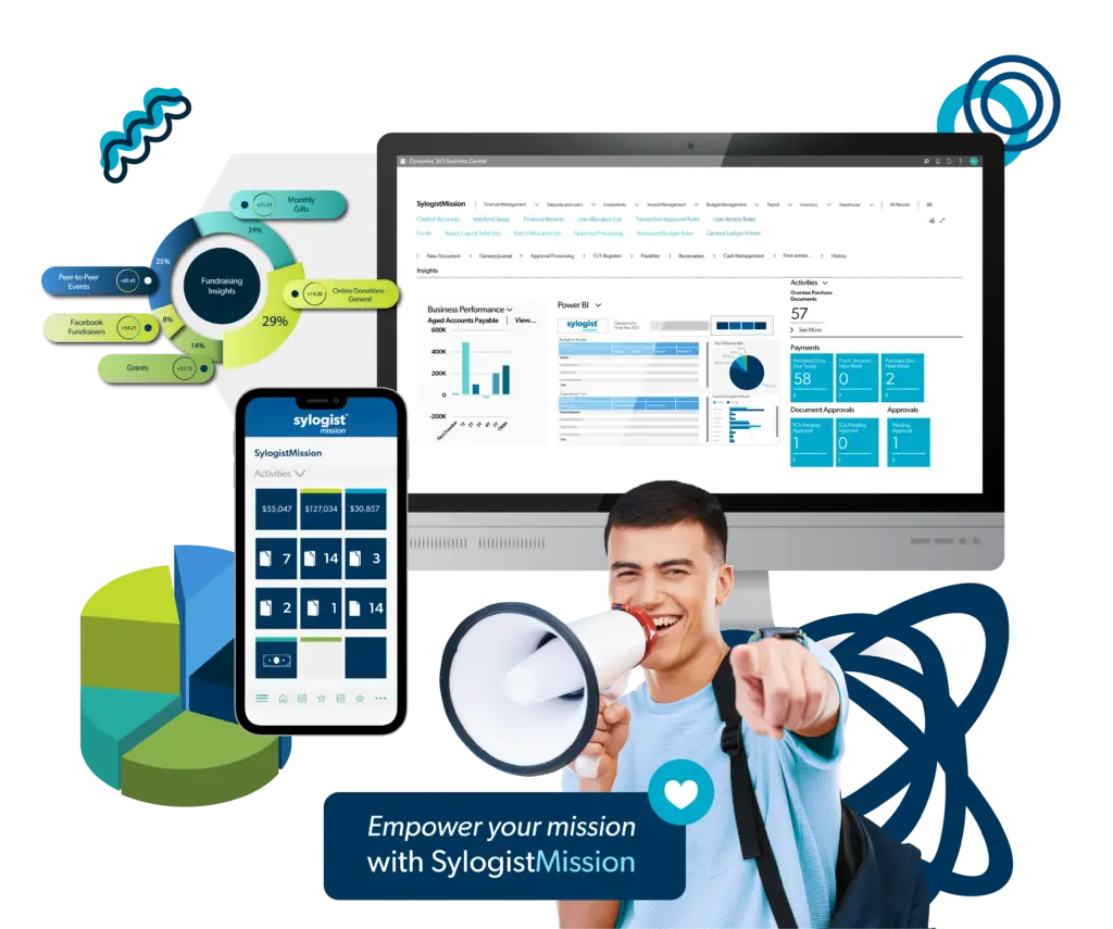 SylogistMission Product Mockup with Microsoft Power BI dashboard