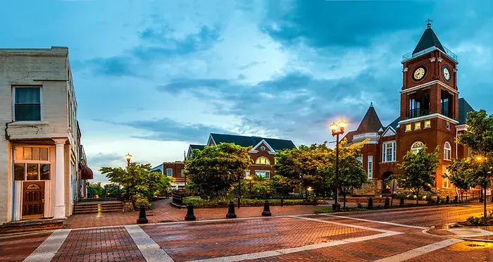 image of a town at night, with no one around