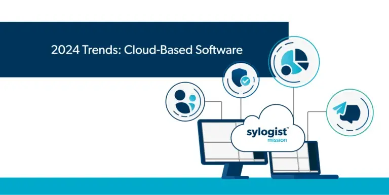 cloud based software text with an image of two computers and many icons connected through sylogist mission