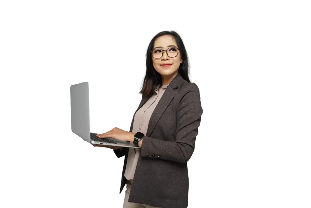 Woman holding computer and looking to the side