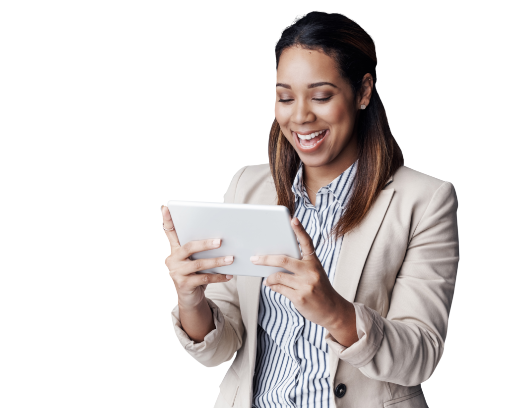 Woman looking at tablet and smiling